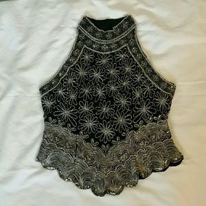 Beaded Top High Neck Sleeveless Black Silver